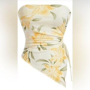 Women's Floral Print Strapless Tube Top Ruched Drawstring Asymmetrical Tank Tops